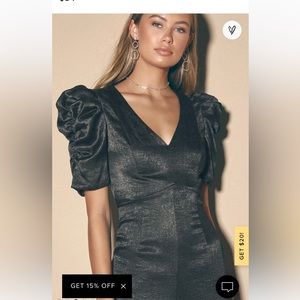 NEVER WORN ✨Spark My Interest Black Satin Glitter Puff Sleeve Jumpsuit